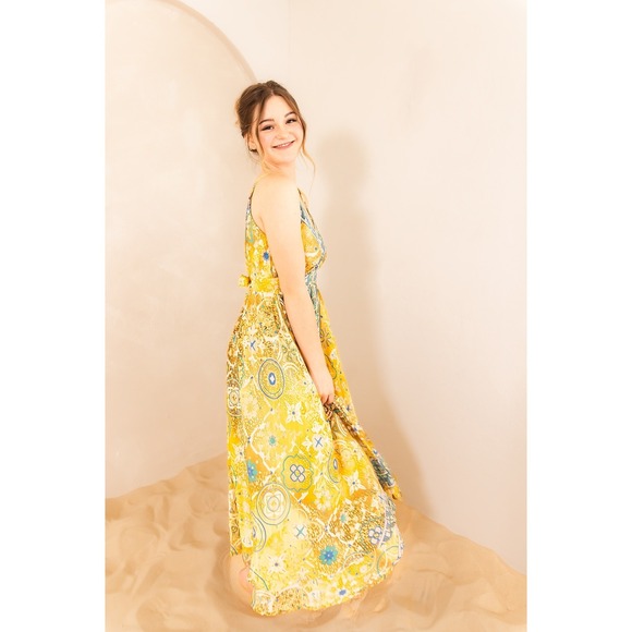 The Vacation Dress Yellow Floral Maxi Dress Sleeveless Pockets Size Large - Picture 4 of 10